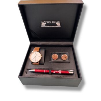 Set cadou bărbați MATTEO FERARI – Ceas cu curea din piele, Butoni și Pix