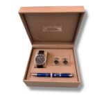 Set cadou bărbați MATTEO FERARI – Ceas cu curea din piele negru, Butoni și Pix