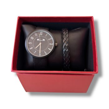 Set cadou bărbați – Ceas minimalist negru + Brățară din piele împletită