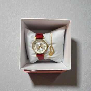 Set cadou damă – Ceas elegant cu curea roșie din piele ecologică + Brățară inimă